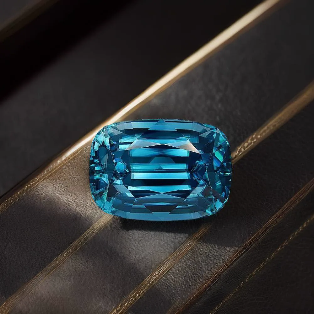 A large cushion-cut blue zircon photographed on dark leather in a shaft of warm light