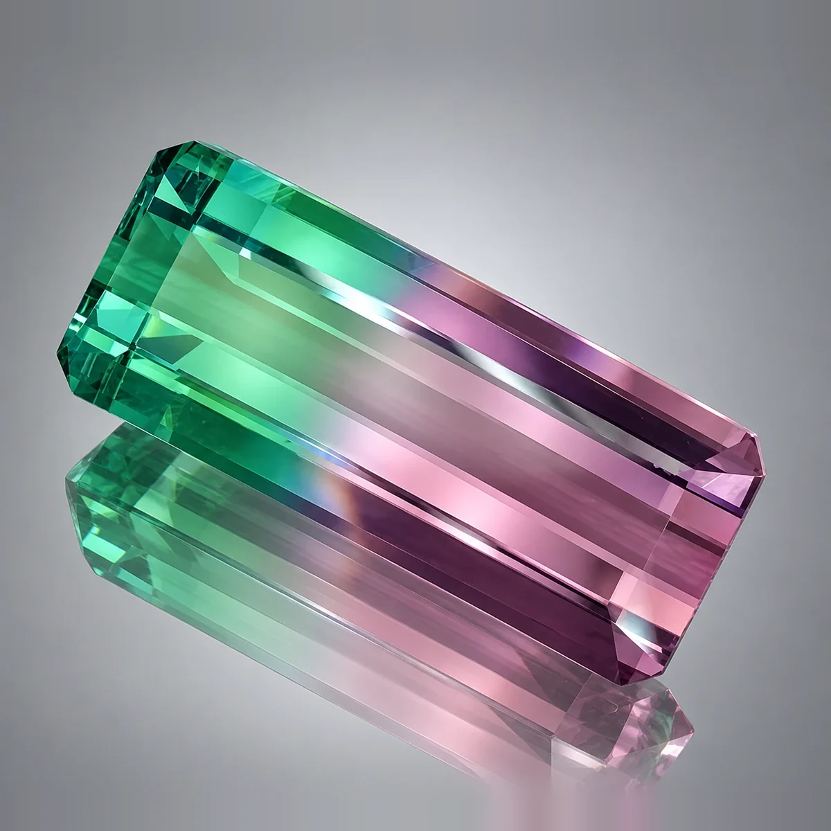 29.37 ct bicolor tourmaline, octagon fine step cut, mint green to lavender pink