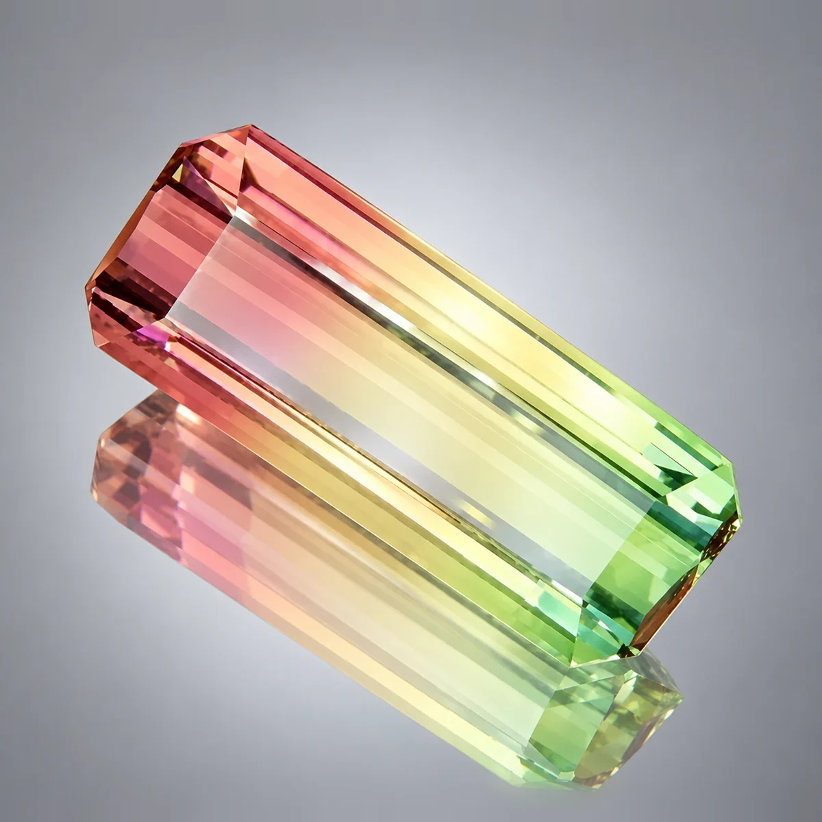 22.33 ct tricolor watermelon tourmaline, octagon fine step cut, pink, yellow and green