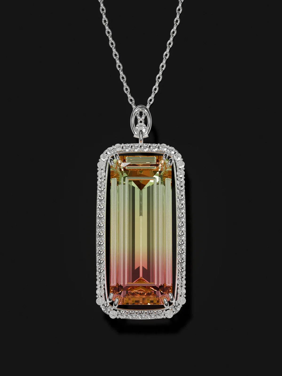 Design concept: the tricolor tourmaline as an 18k white gold pendant with a diamond halo