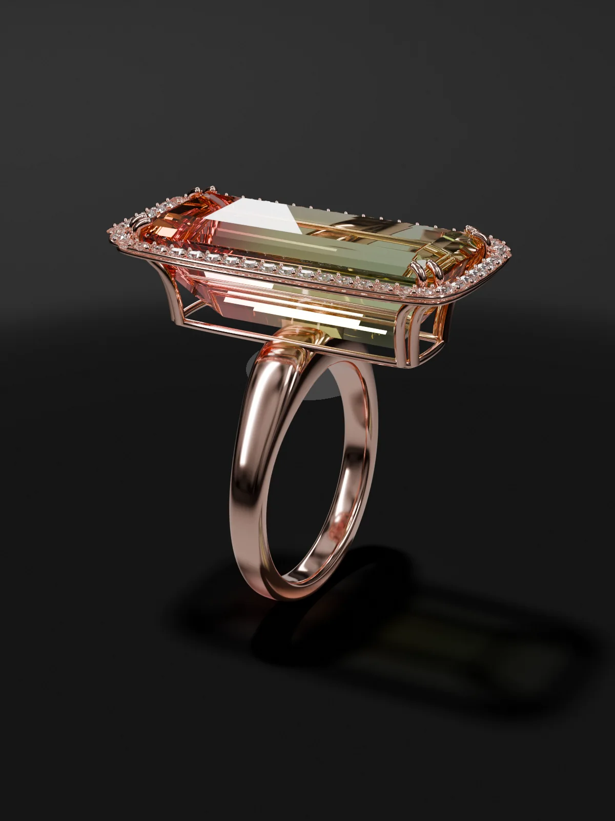 Design concept: the tricolor tourmaline in an 18k rose gold ring with a diamond halo