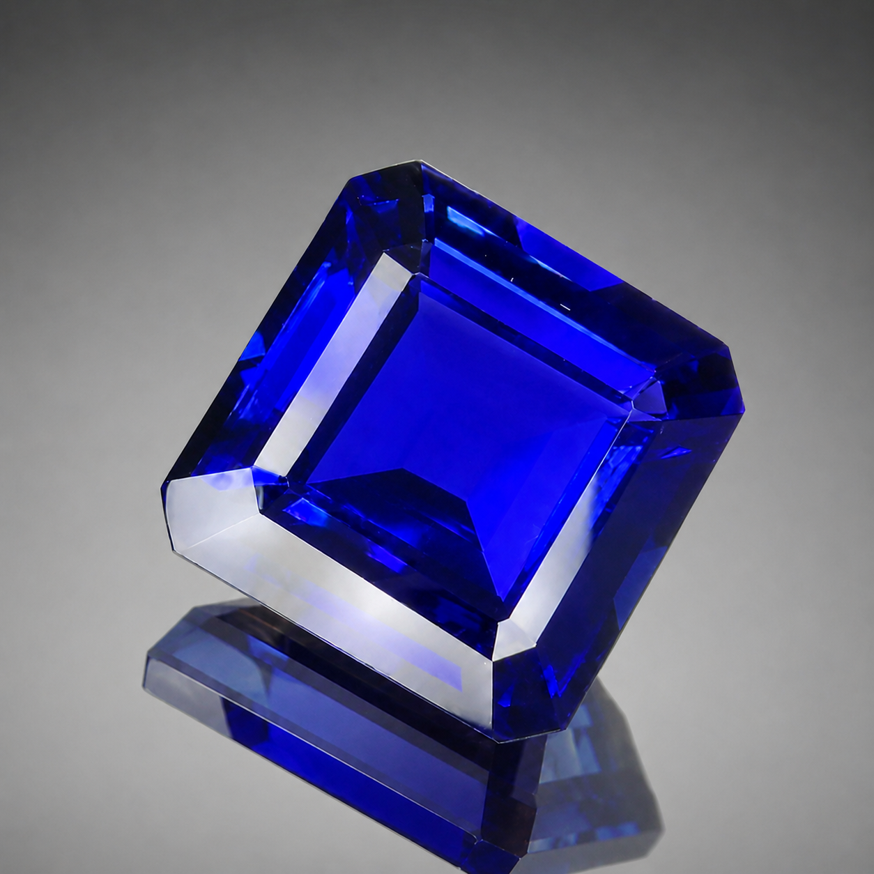 22.75 ct royal blue tanzanite, Asscher cut, on a white card