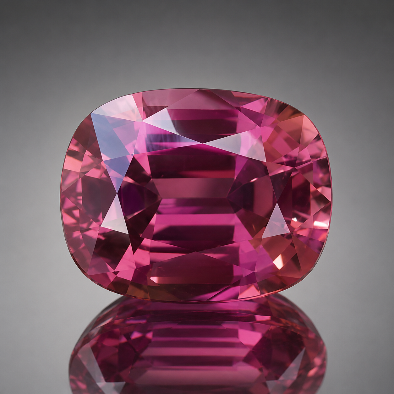 23.35 ct fuchsia pink tourmaline, cushion fine step cut, held between the fingers