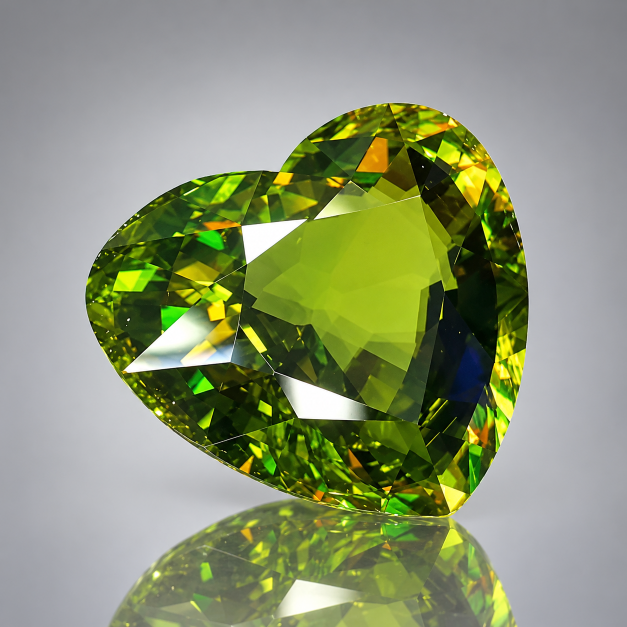 26.85 ct green sphene, heart fine step cut, held in tweezers