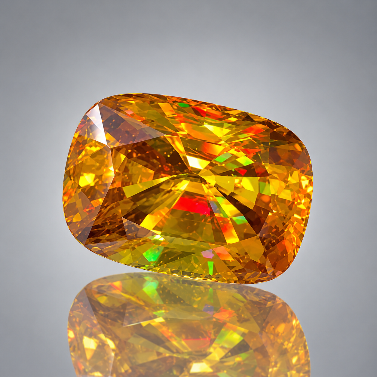 18.32 ct golden yellow sphene, cushion modified step cut, held in tweezers