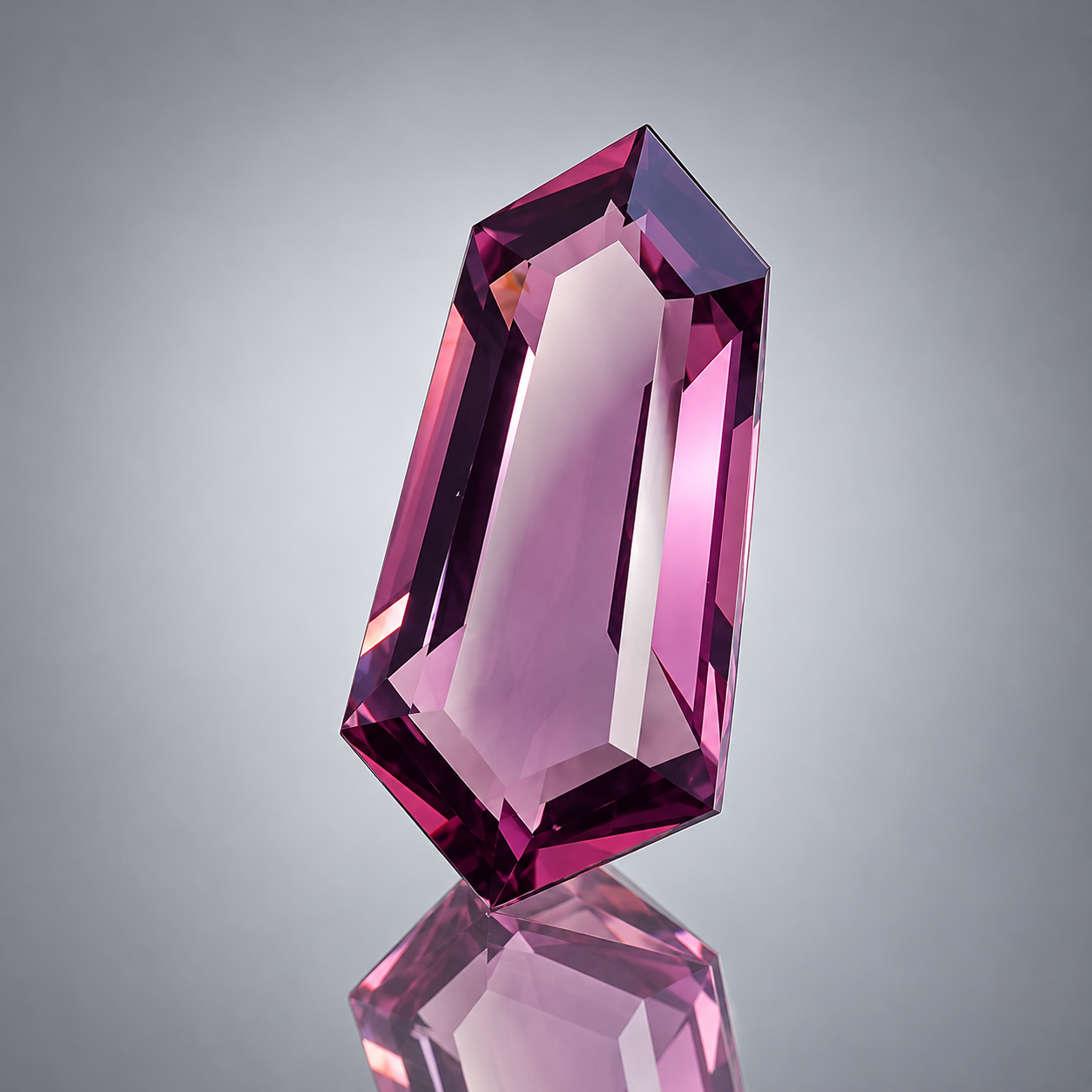 5.94 ct mauve pink spinel, fancy fantasy step cut, on a white card
