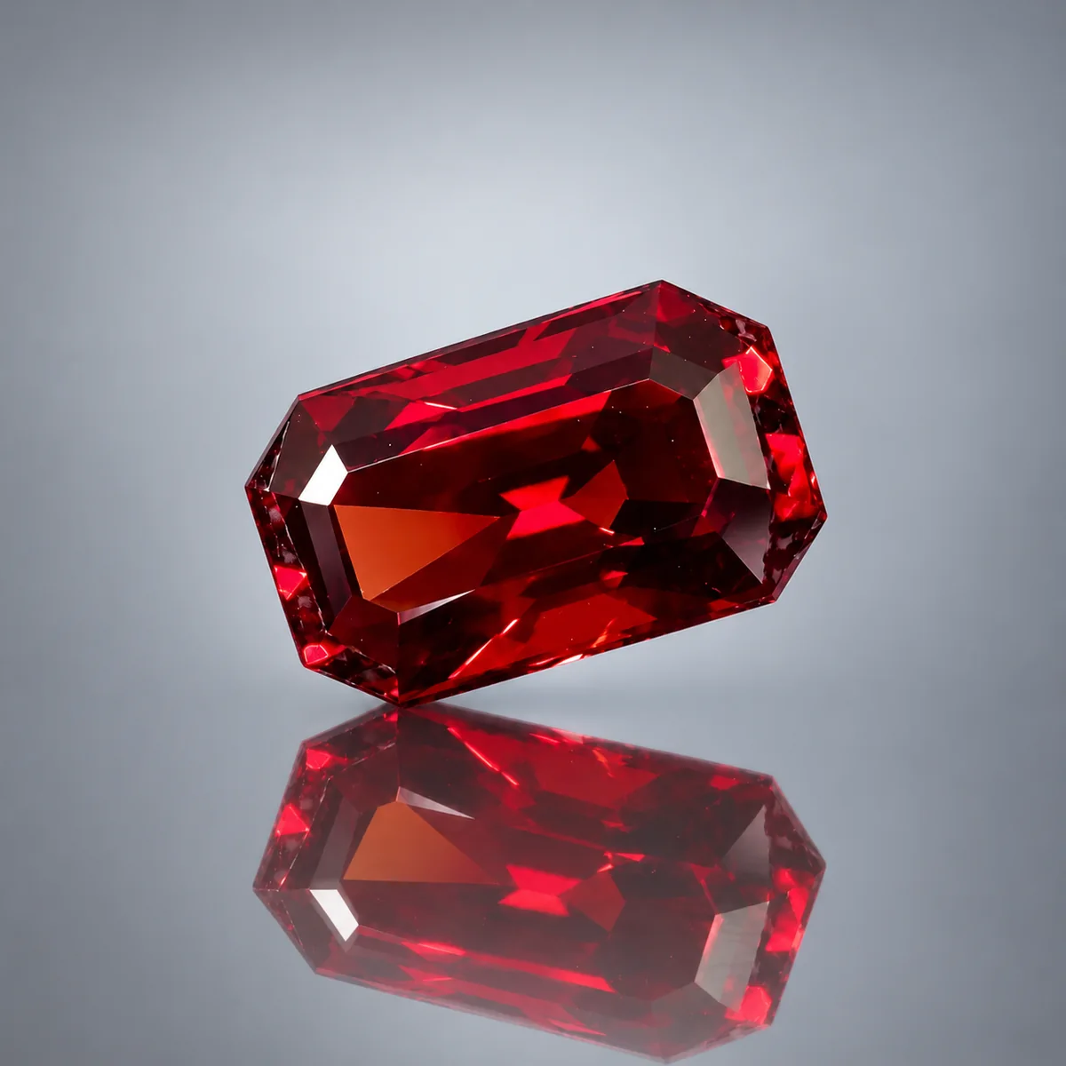 2.66 ct vivid red spinel, emerald cut, held in tweezers