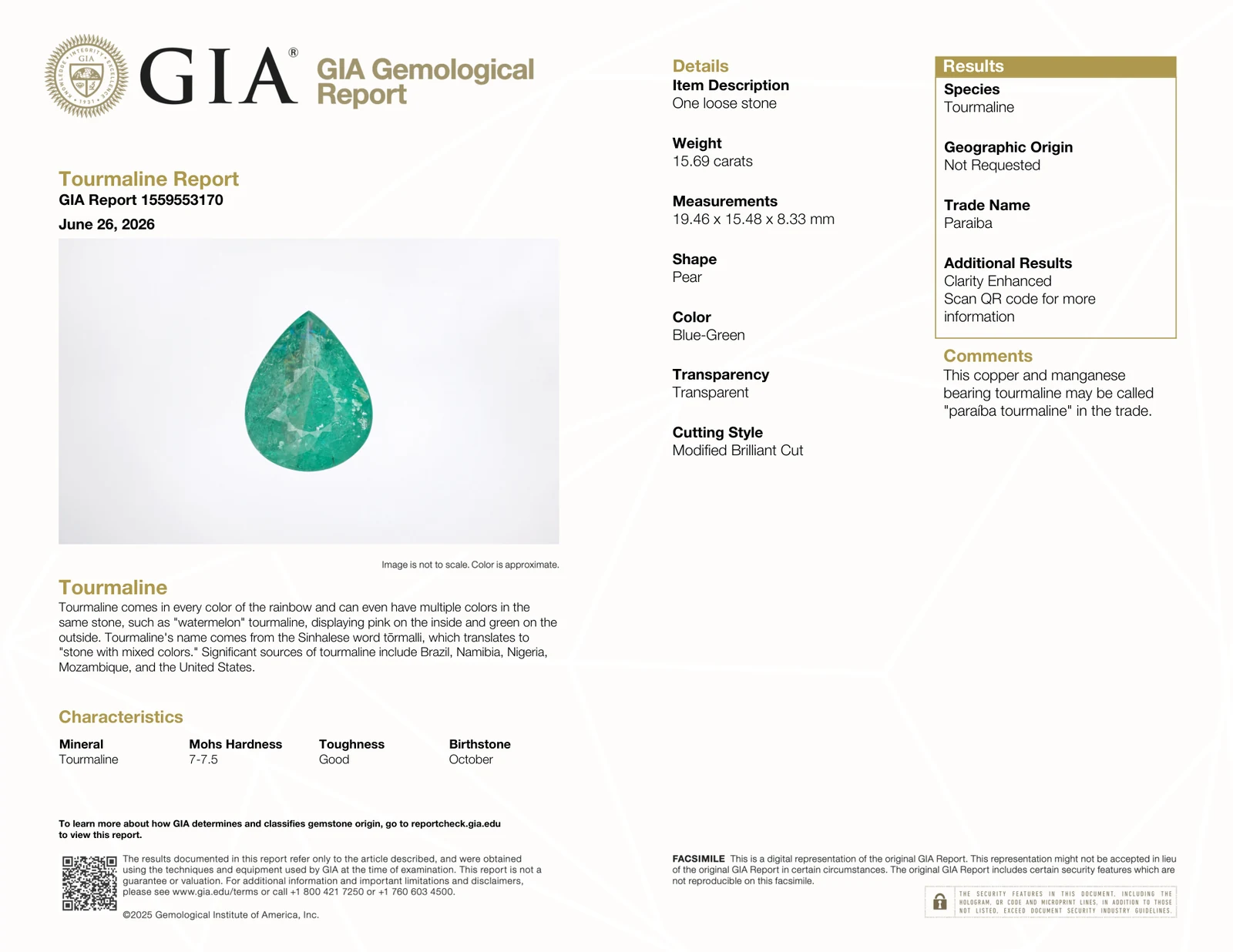 GIA Tourmaline Report 1559553170 for the 15.69 ct Paraiba pear