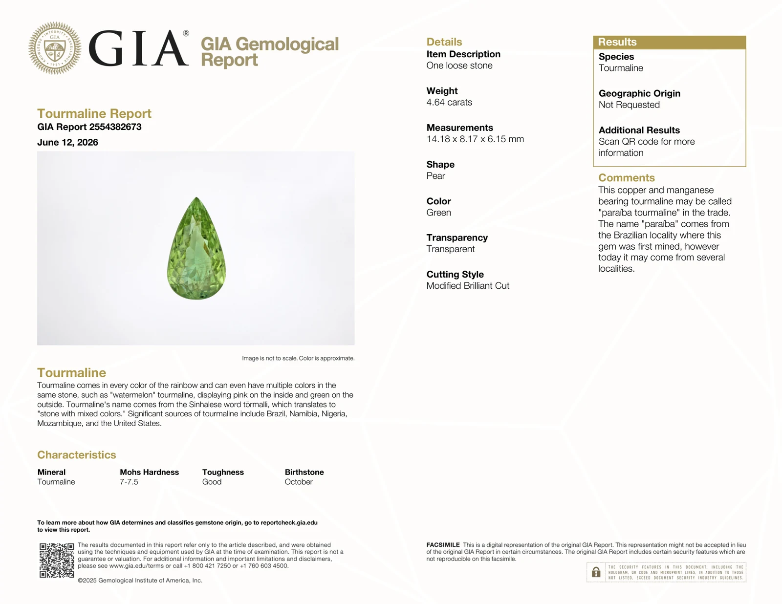 GIA Tourmaline Report 2554382673 for the 4.64 ct apple green Paraiba pear