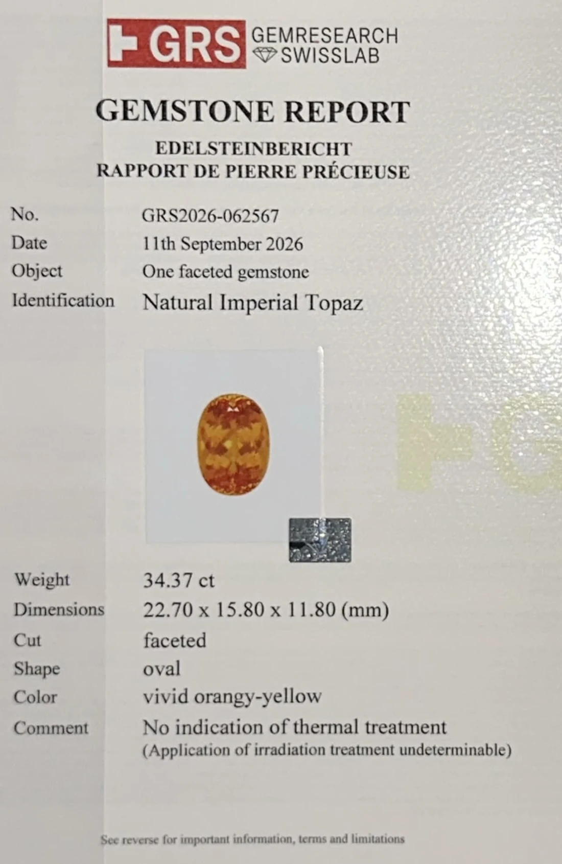 GRS gemstone report GRS2026-062567 for the 34.37 ct imperial topaz