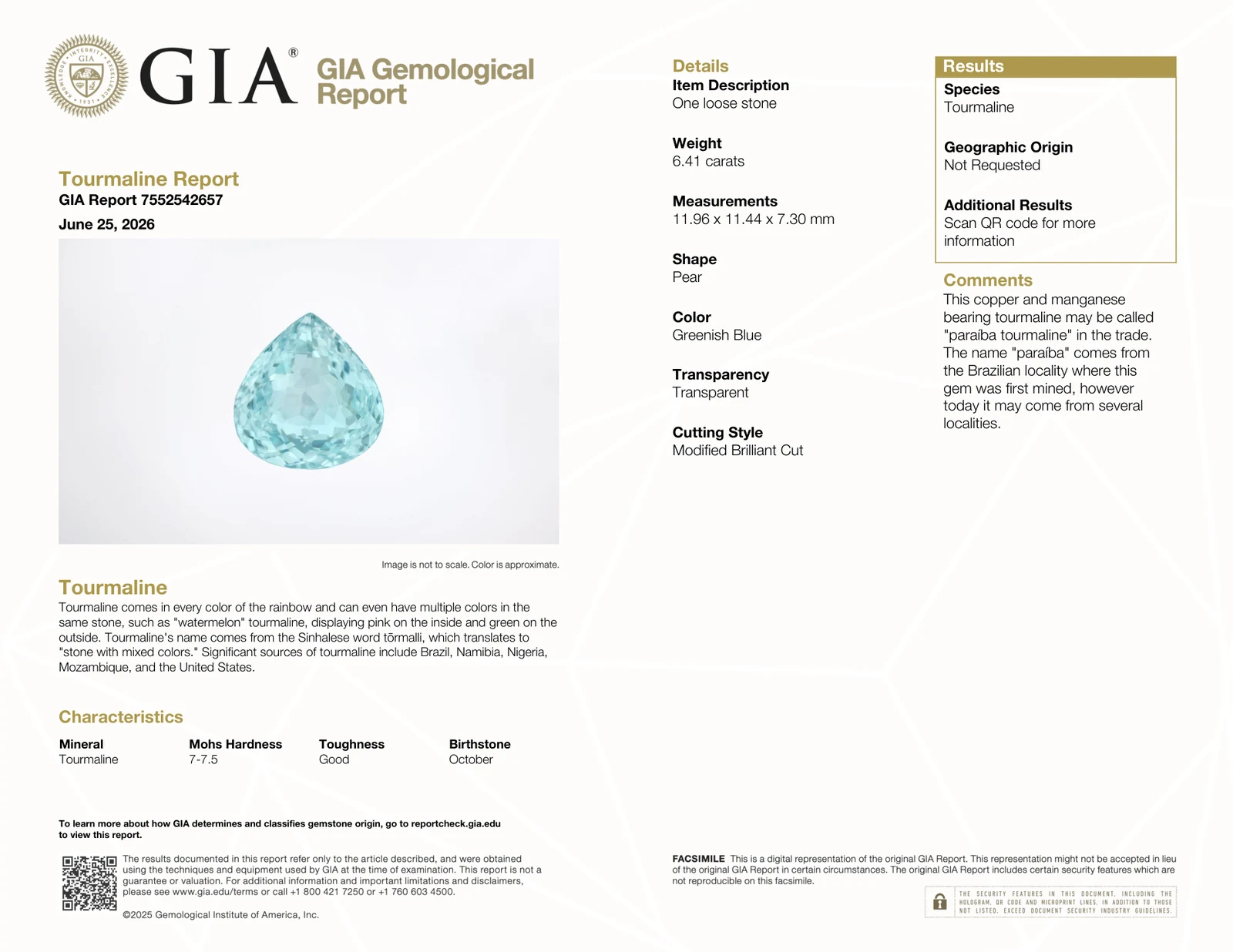 GIA Tourmaline Report 7552542657 for the 6.41 ct Paraiba pear