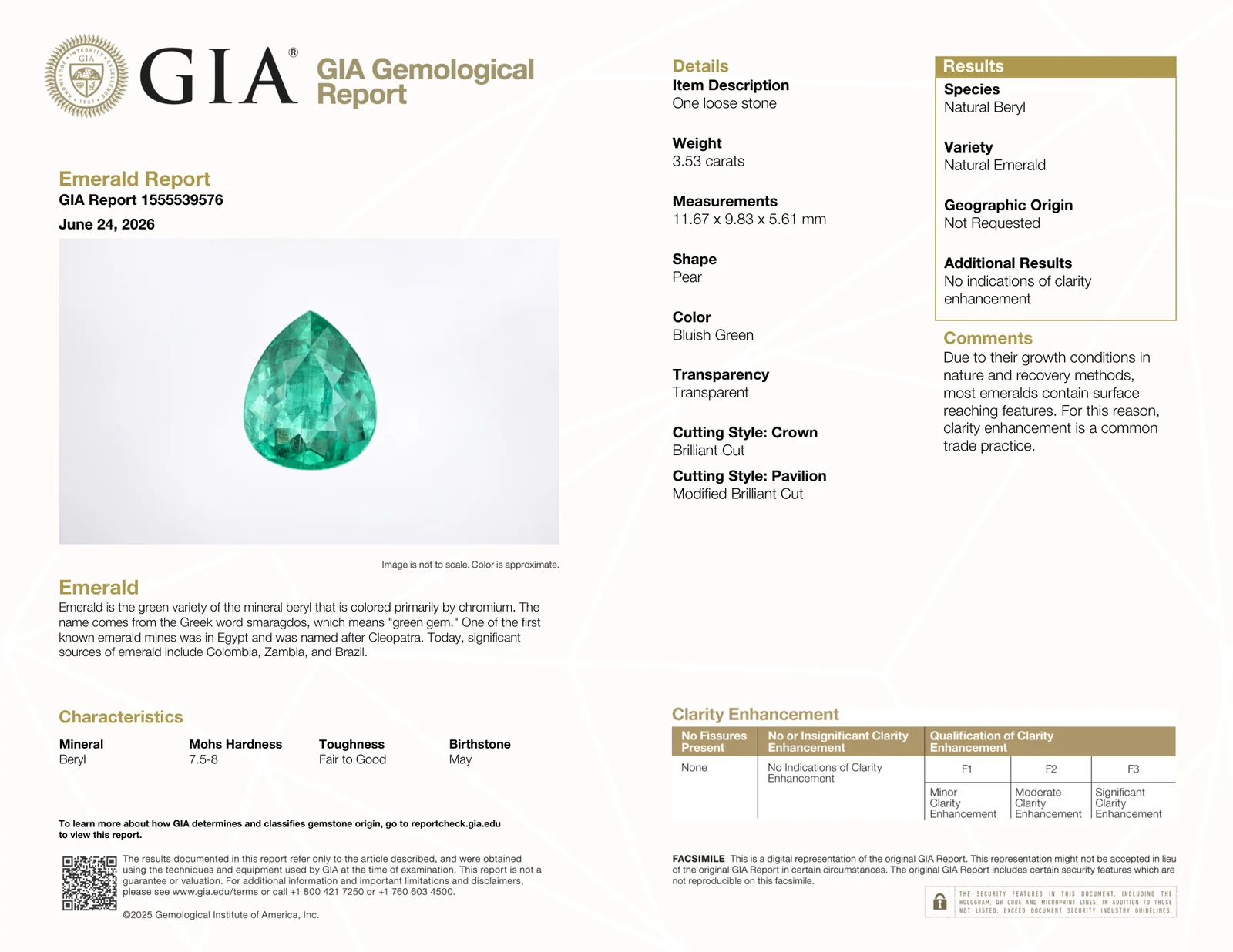 GIA Emerald Report 1555539576 for the 3.53 ct emerald