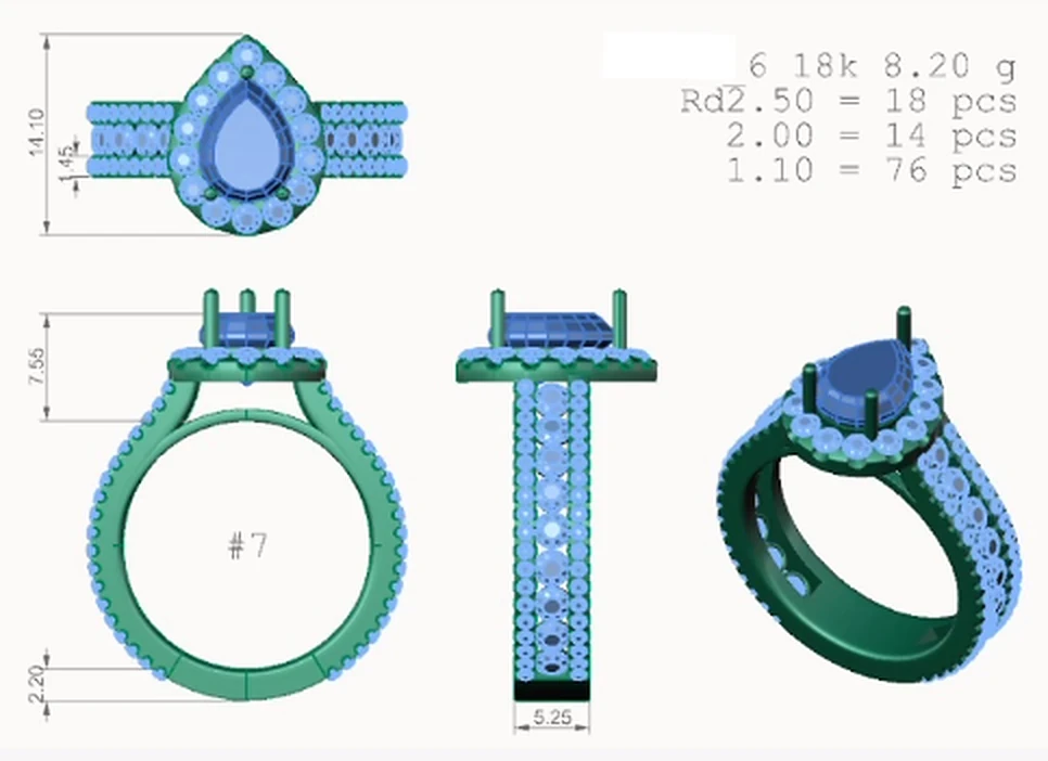 A CAD drawing of a pear halo ring shown from the top, side and at an angle, with measurements and a diamond count beside it
