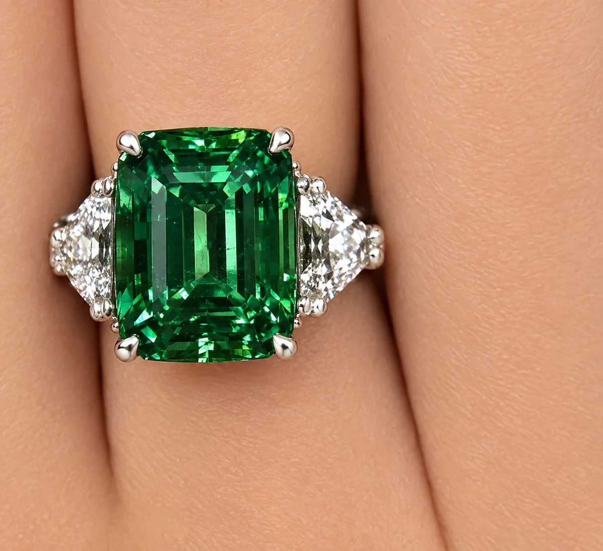 An cushion cut green gemsone ring flanked by two triangular diamonds, worn on a hand
