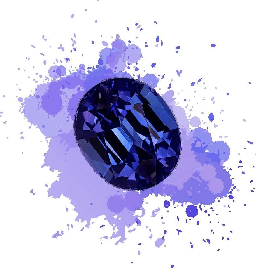 A deep blue violet cushion cut tanzanite in front of a purple ink splash on a white background