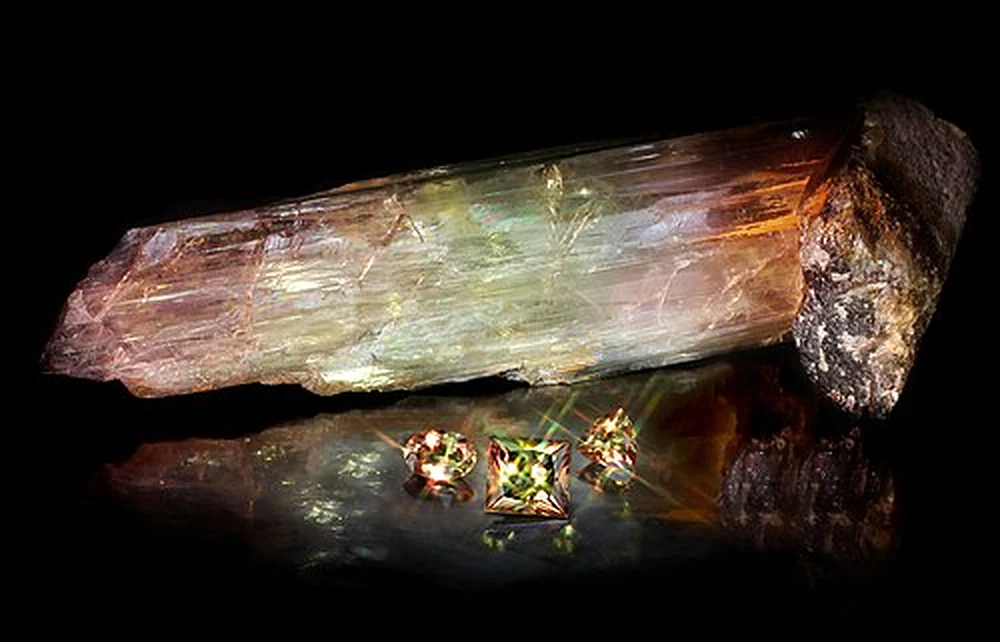 A large diaspore crystal lying on a black reflective surface, with three cut colour change stones in front of it showing green and orange tones