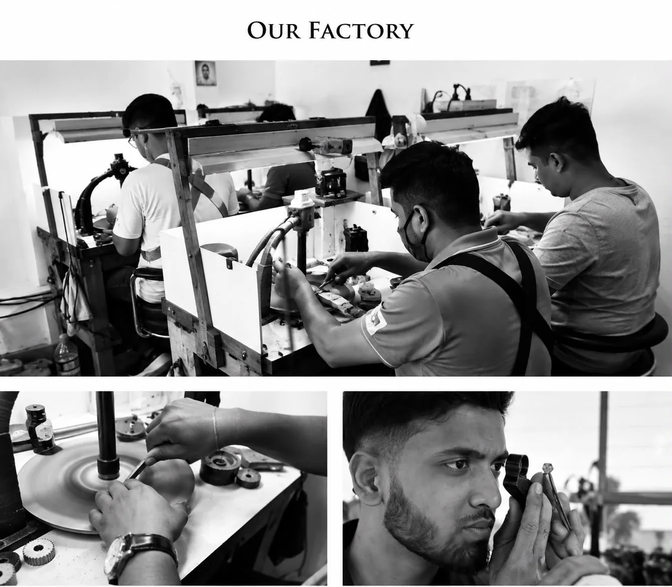 Cutters at faceting benches in the Colour World Gems workshop, a stone on the polishing lap, and a gemmologist examining a gem through a loupe